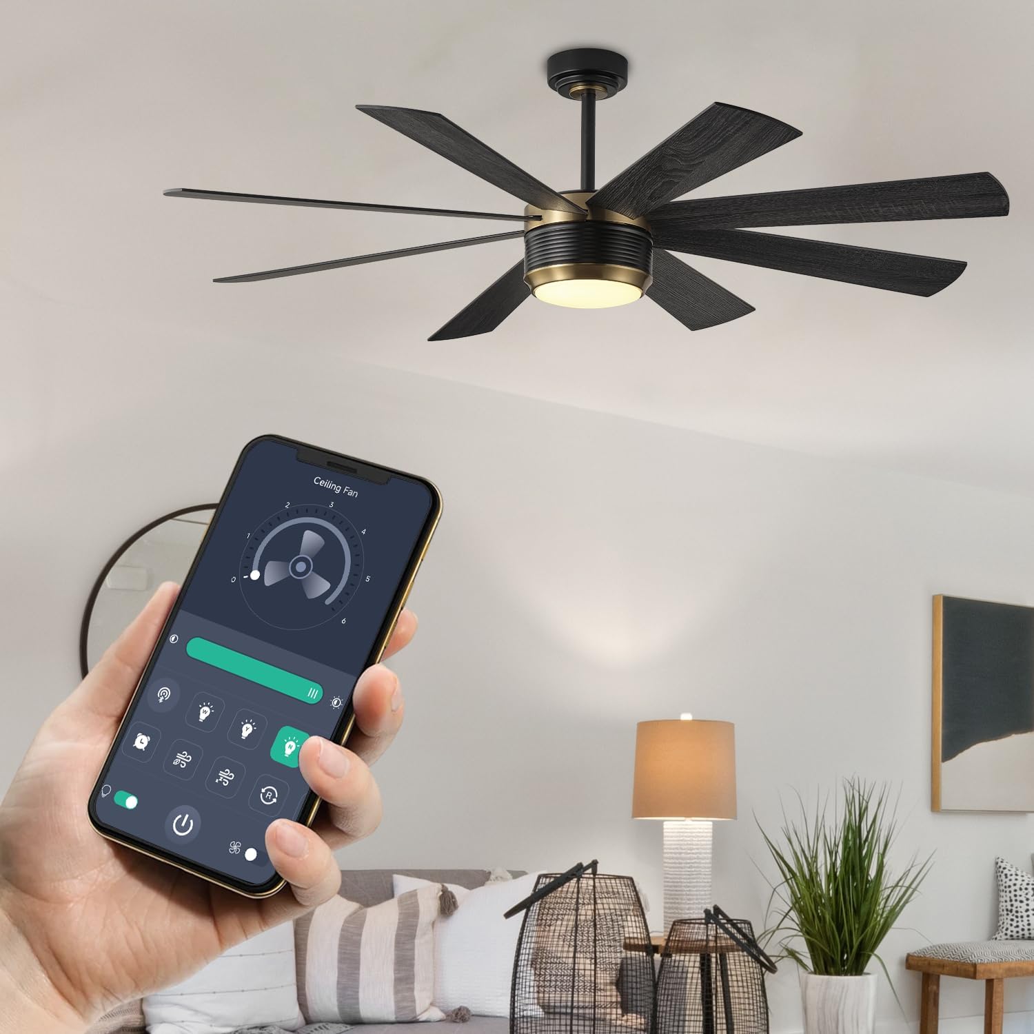 SHOWDI Ceiling Fans with Lights and Remote, Black Gold 60 in | 2 Blade Color, Metal Material, App Remote Control, Timer, Reversible, 3CCT, Dimmable for Bedroom, Living room, Indoor