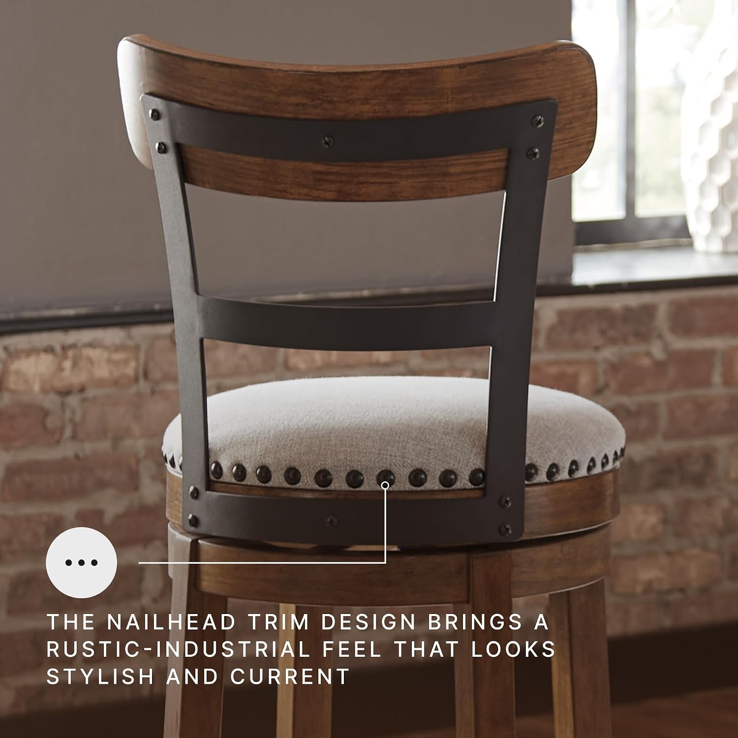 Signature Design by Ashley Valebeck Swivel Barstool With Back, Rustic-Industrial Wood and Metal, 360-Degree Swivel Counter Height Stool for Kitchen Island Seating, Linen Color