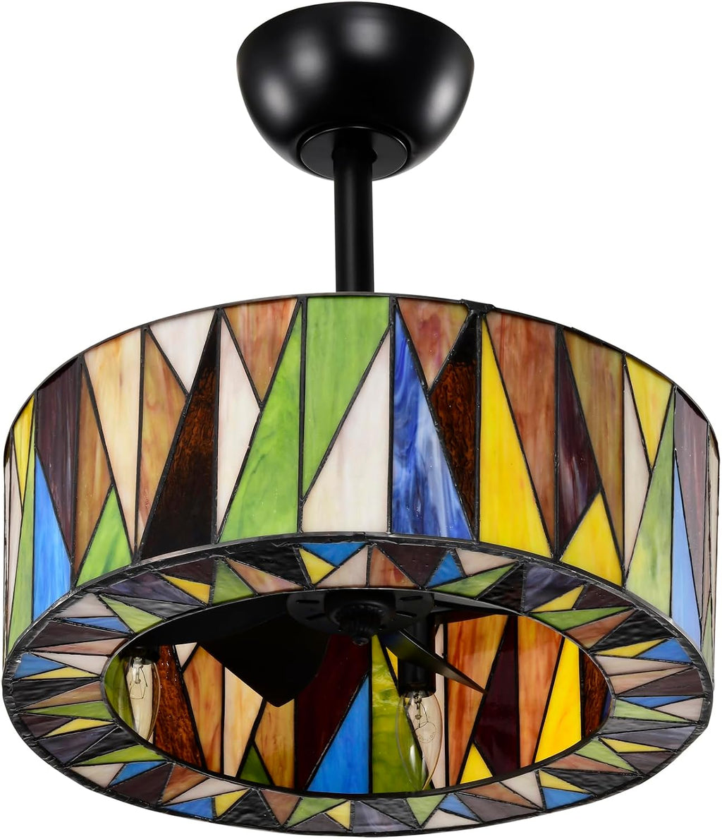 Svenja Black Lighted Ceiling Fan with Multi-Colored Earth Tones Tiffany Style Glass Shade Fandelier with Remote