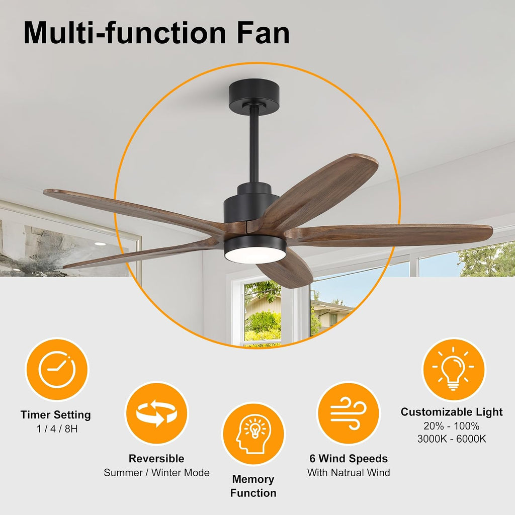 WINGBO 54' Ceiling Fan with Light - 5 Carved Solid Wood Blades, 6-Speed Reversible DC Motor, Dimmable, 3CCT, Noiseless Remote Control Ceiling Fans with Lights for Bedroom Living Room, Black and Wood