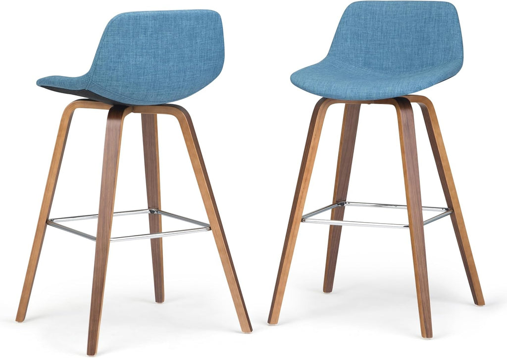 SIMPLIHOME Randolph Counter Stools (Set of 2) - 28 Inch Seat Height Upholstered Bentwood Bar Stools in Medium Blue Linen Look Fabric, Mid Century Modern Seating with Curved Backrest and Footrest