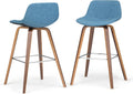 SIMPLIHOME Randolph Counter Stools (Set of 2) - 28 Inch Seat Height Upholstered Bentwood Bar Stools in Medium Blue Linen Look Fabric, Mid Century Modern Seating with Curved Backrest and Footrest