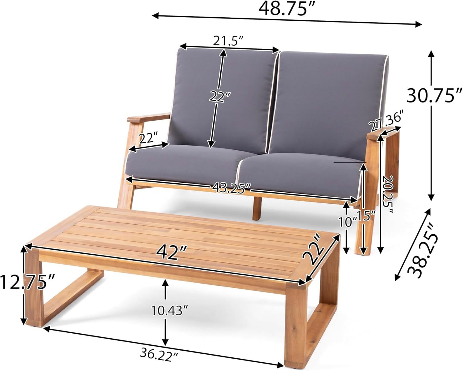 Christopher Knight Home Eartha Outdoor Loveseat Set with Coffee Table, Teak Finish, Dark Gray