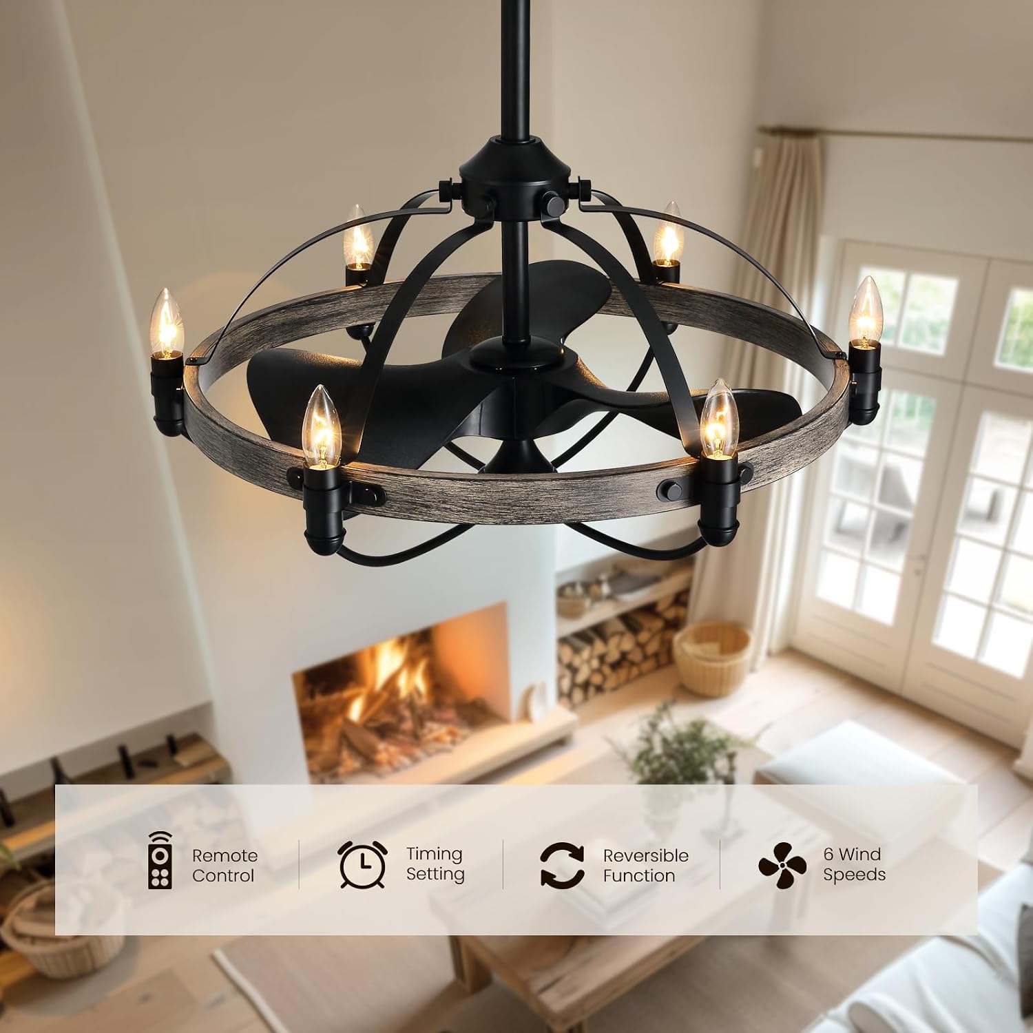 27'' Farmhouse Cage Ceiling Fan with Light Remote Control, Ash Brown Rustic Ceiling Fan with Lights,Vintage Chandelier Fan for Kitchen Dining Room Living Room