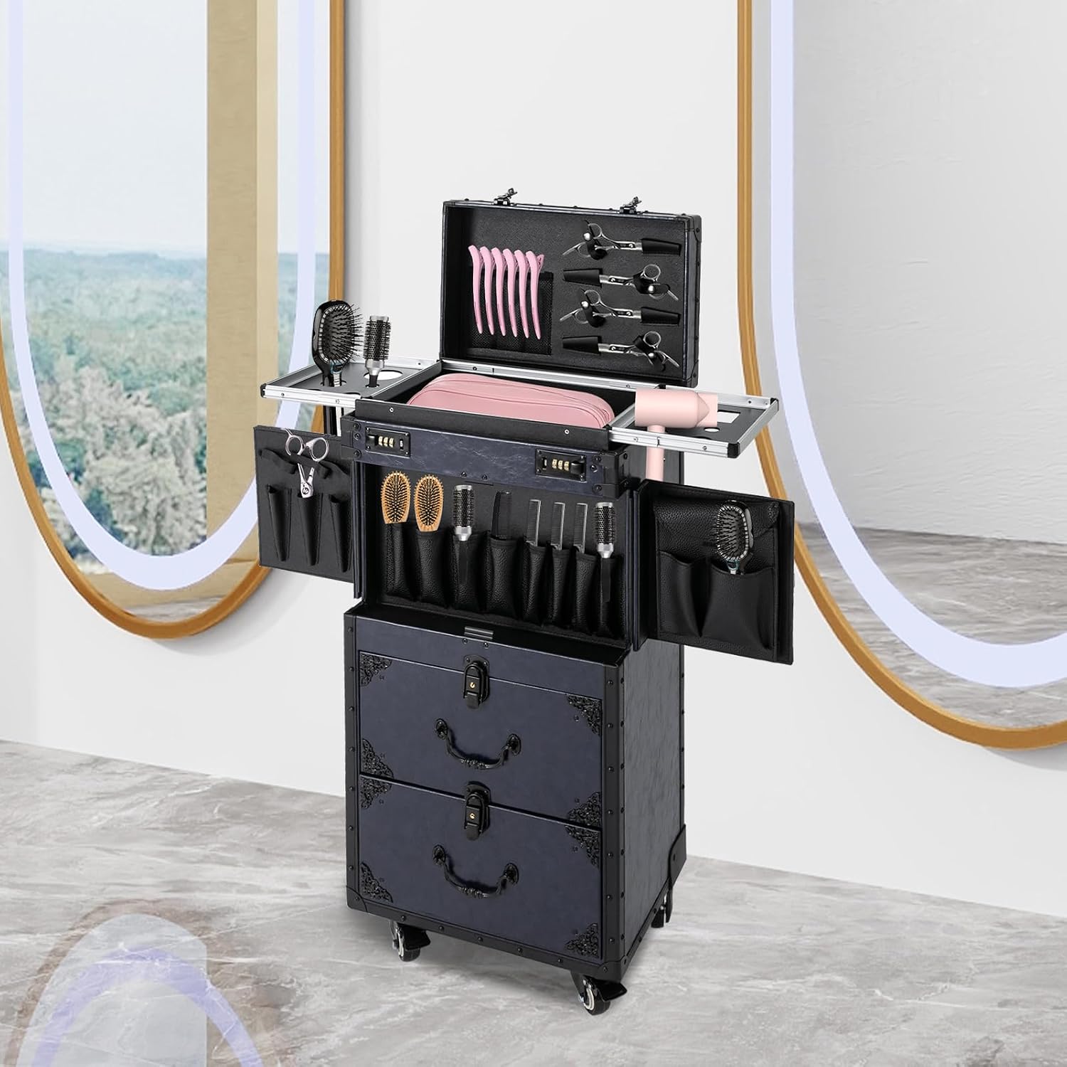 Rolling Lockable Makeup Train Case,Large Cosmetic Organizer Train Case Makeup Travel Case with 360° Swivel Wheels, Trolley Makeup Travel Organizer,Black