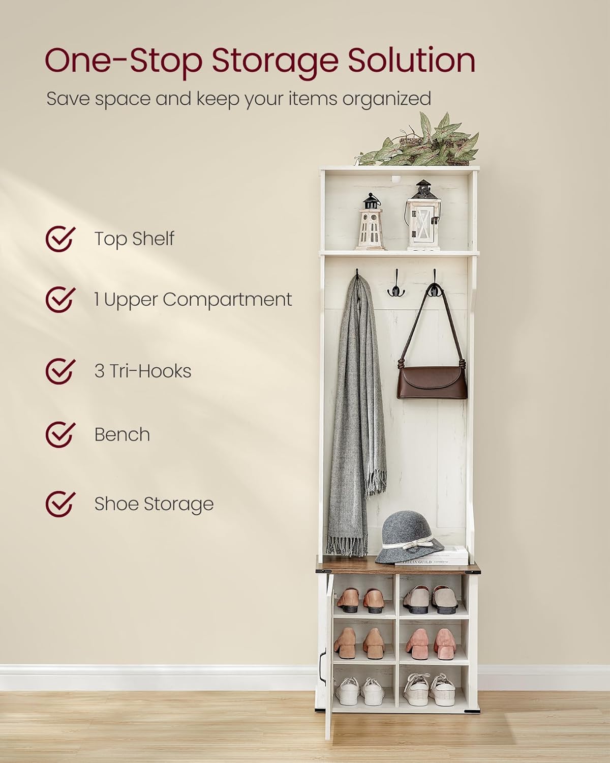 VASAGLE Hall Tree with Bench and Shoe Storage, Coat Rack with Shoe Bench, Entryway Furniture, 3 Tri-Hooks, Door with Handle, Farmhouse Style, Space Saving, Rustic White and Honey Brown UHSR441W01V1
