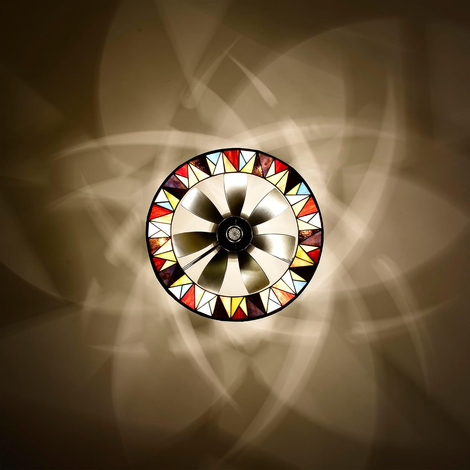 Svenja Black Lighted Ceiling Fan with Multi-Colored Earth Tones Tiffany Style Glass Shade Fandelier with Remote