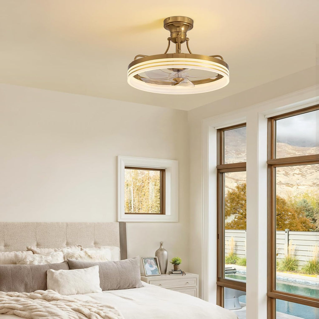 20inch Ceiling Fan with Light Gold Flush Mount Fandelier with Remote Control Modern LED Ceiling Fan 6 Wind Speeds Fandelier for Bedroom Living Room Kitchen