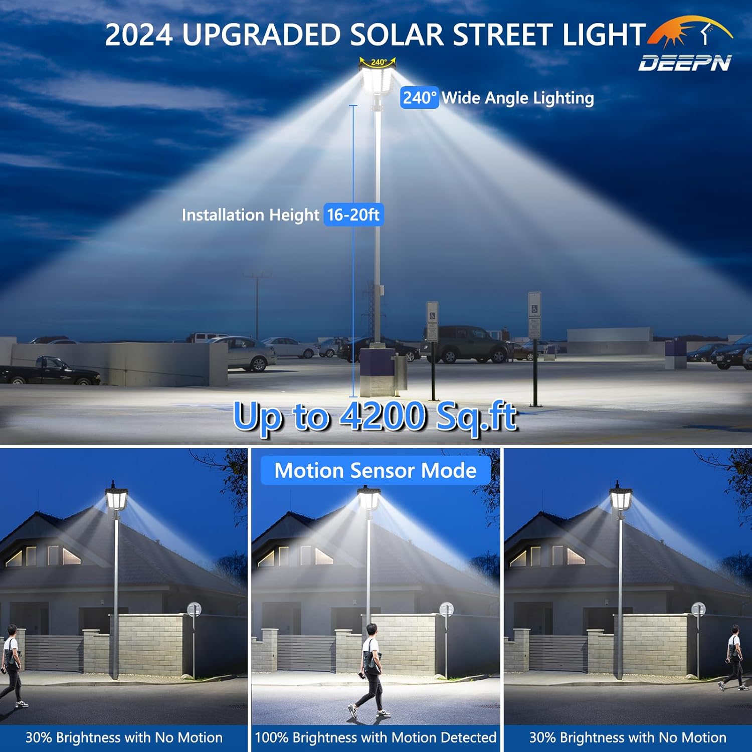 Deepn Solar Street Light, Commercial Grade Solar Lights Outdoor IP67 Waterproof, 9800W LED Flood Security Lights Motion Sensor & Dusk to Dawn Outdoor Lighting for Parking Lots, Streets & Yard, 2 Pack