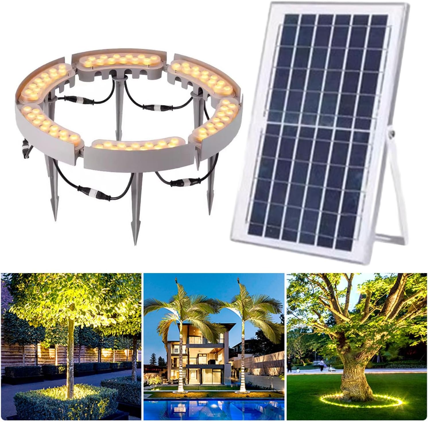 Solar Lights Outdoor, LED Yard Lighting Uplight Landscape Spotlights, Ring Tree Light, Easy to Assemble (Warm White Light Pack of 7)