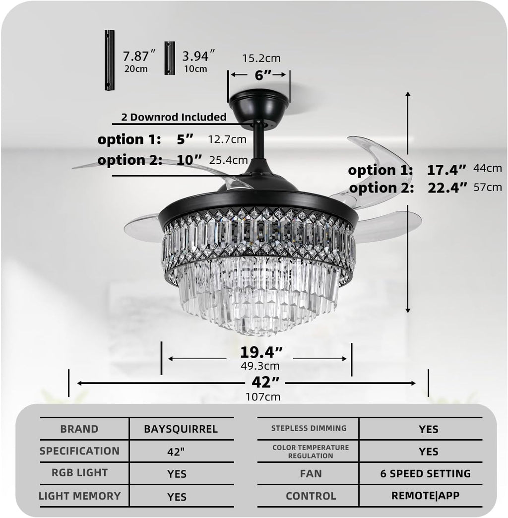 BAYSQUIRREL Retractable Crystal Ceiling Fan with Lights, Bluetooth Ceiling Fan with Speaker, 6-Speed Reversible Blades, RGB-LED Light, Low Profile Modern Fandelier Fan for Bedroom Living Room 42'