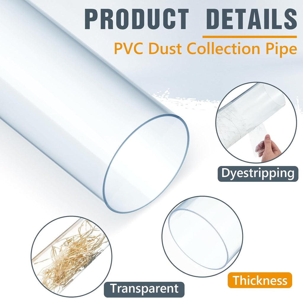 Sasylvia 6 Sets Dust Collection Clear PVC Pipe 4 x 36 Inches Long Rigid Clear Tube with Rigid Strap Clamp Heavy Duty Unbreakable Plastic Pipe Stainless Steel U Bracket for Dust Collection
