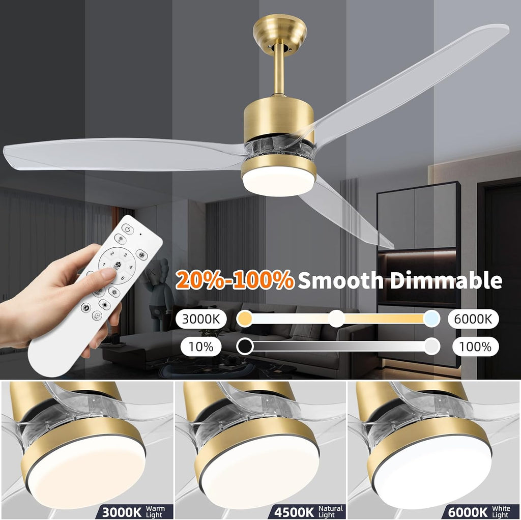 OKELI 52' Smart Ceiling Fan with Light, WiFi Enabled for Alexa & App Control, Reversible Gold Modern Ceiling Fan with Dimmable LED Light and Remote, Clear Blades for Living Room Bedroom