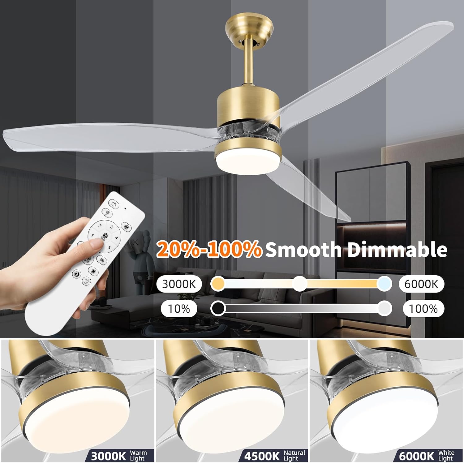 OKELI 52' Smart Ceiling Fan with Light, WiFi Enabled for Alexa & App Control, Reversible Gold Modern Ceiling Fan with Dimmable LED Light and Remote, Clear Blades for Living Room Bedroom