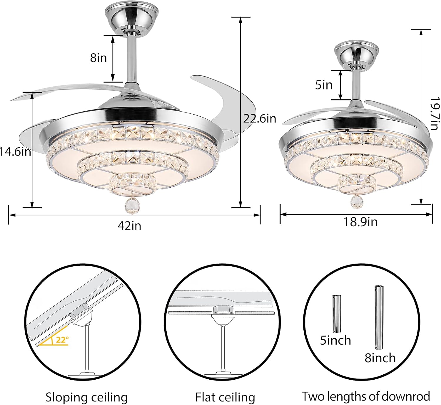 42' Fandelier Invisible Ceiling Fan Chandelier with Light,Modern Crystal Ceiling Fan Light Remote Control 4 Retractable ABS Blades for Bedroom Living Dining Room Decoration