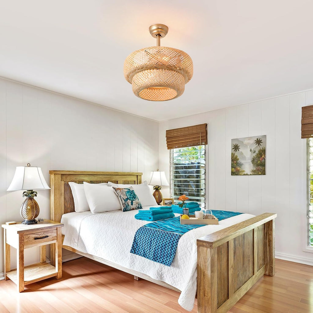 Fandelier Ceiling Fan with Light - 18.9' Boho Rattan Caged Ceiling Fan, Remote Controlled Wicker Chandelier Fan Light Fixture for Bedroom, Kitchen, Living Room, Nursery, E26 Base