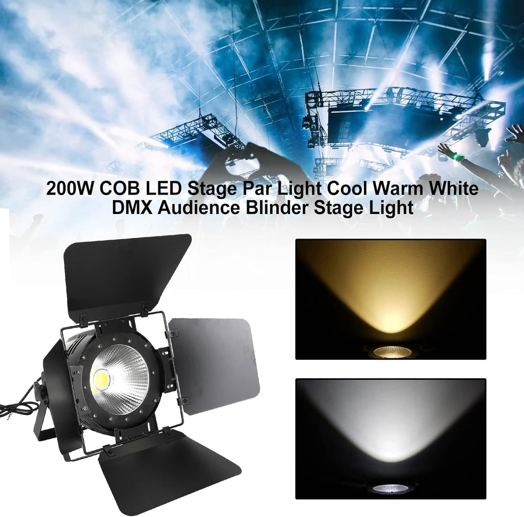 200W COB LED Stage Par Light with Barn Door, Spotlights Follow Spot DMX512 Cool & Warm White Audience Blinder, Sound Activated, Master/Slave 2in1 for DJ Concert Wedding Bar Events, Stage Lighting