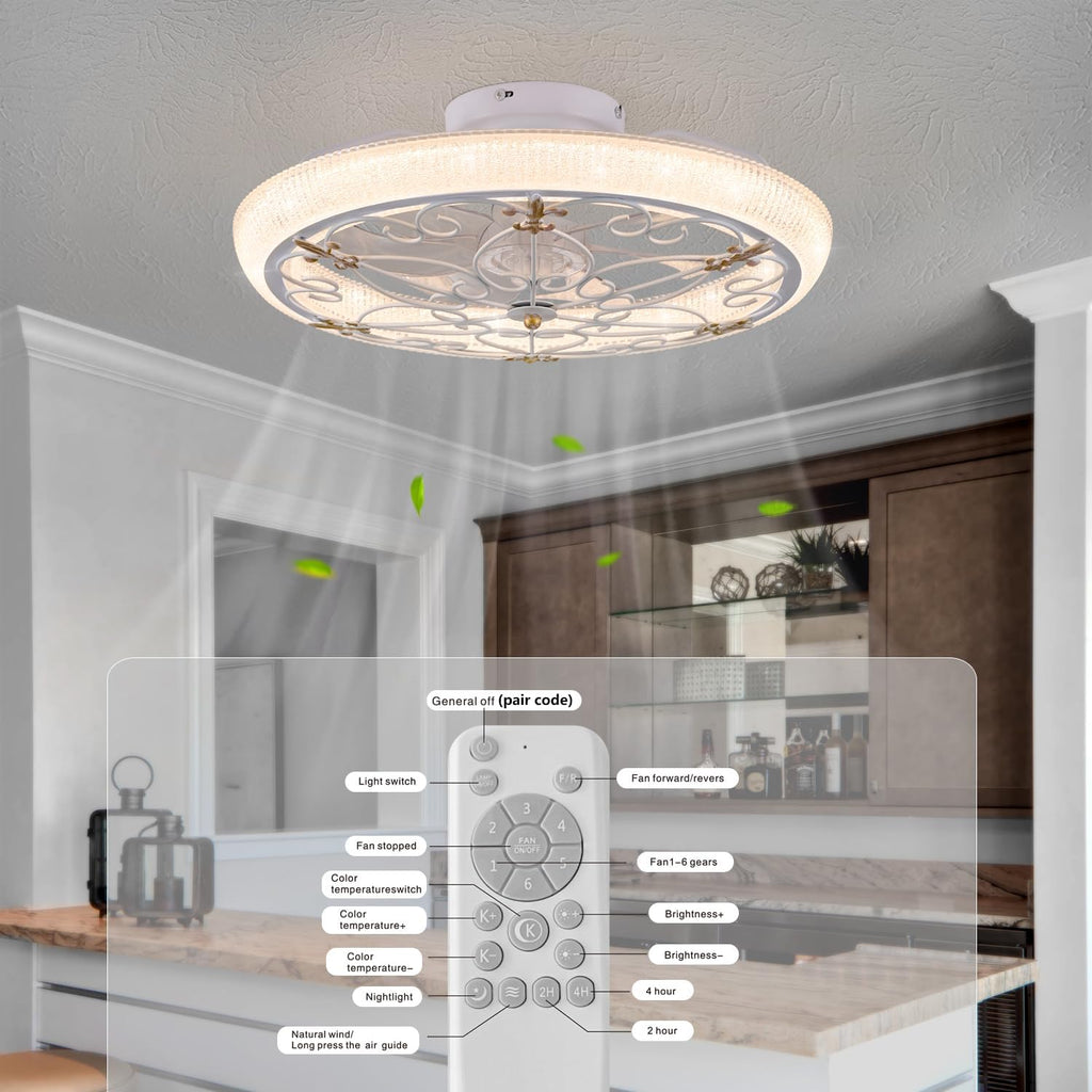 20' White Caged Ceiling Fan with Lights Remote Control with Crystal Sand Lampshade, Rustic Industrial Ceiling Fan with Light for Kitchen Bedroom Living Room