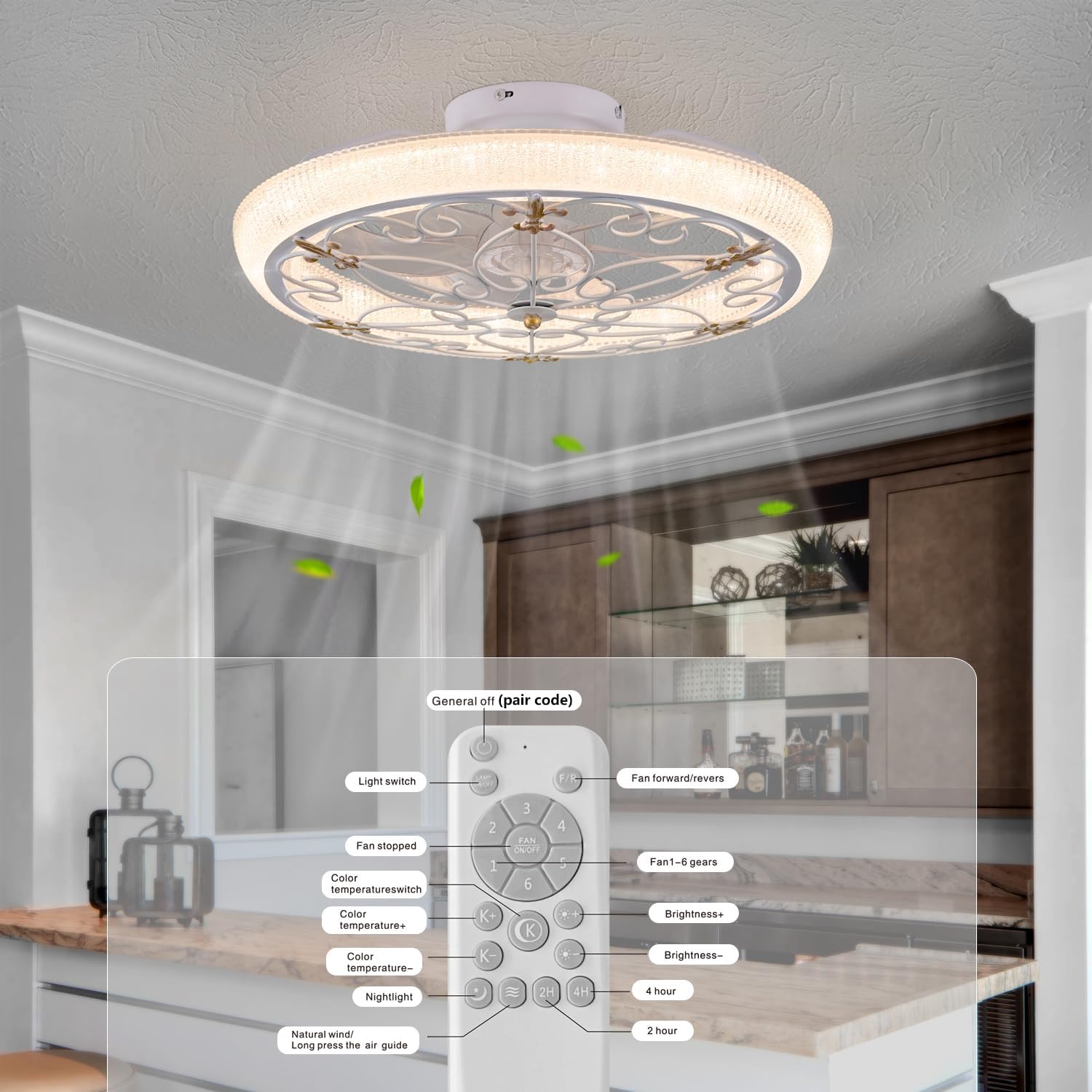 20' White Caged Ceiling Fan with Lights Remote Control with Crystal Sand Lampshade, Rustic Industrial Ceiling Fan with Light for Kitchen Bedroom Living Room