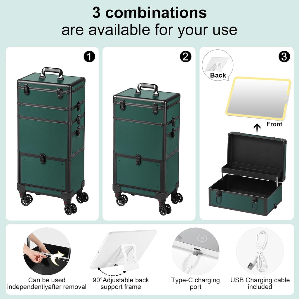 Somduy Makeup Train Case with LED Mirror, Rolling Makeup Case with Drawers, Cosmetology Case on Wheels, Gift, Travel Makeup Organizers, Profesional Cosmetic Case for Salon Barber,Nail,Tattoo,Green