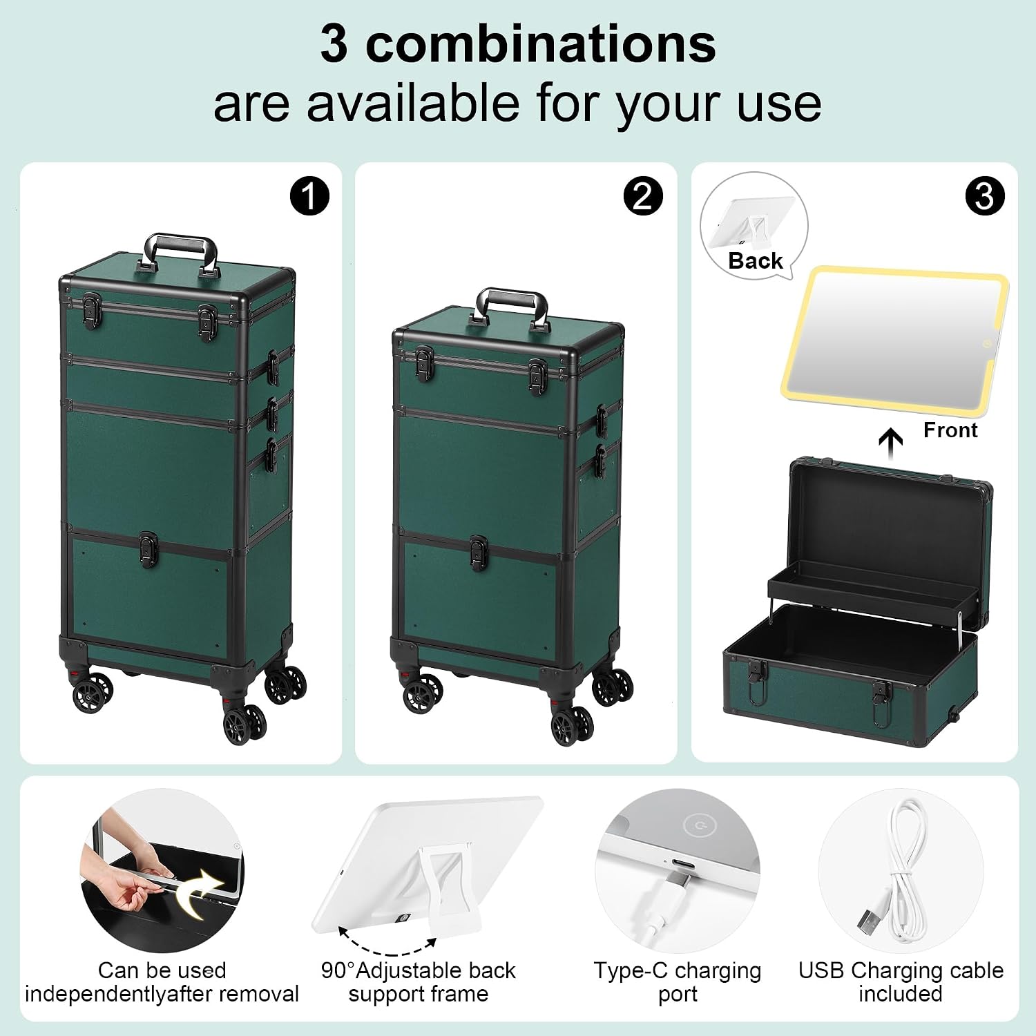 Somduy Makeup Train Case with LED Mirror, Rolling Makeup Case with Drawers, Cosmetology Case on Wheels, Gift, Travel Makeup Organizers, Profesional Cosmetic Case for Salon Barber,Nail,Tattoo,Green