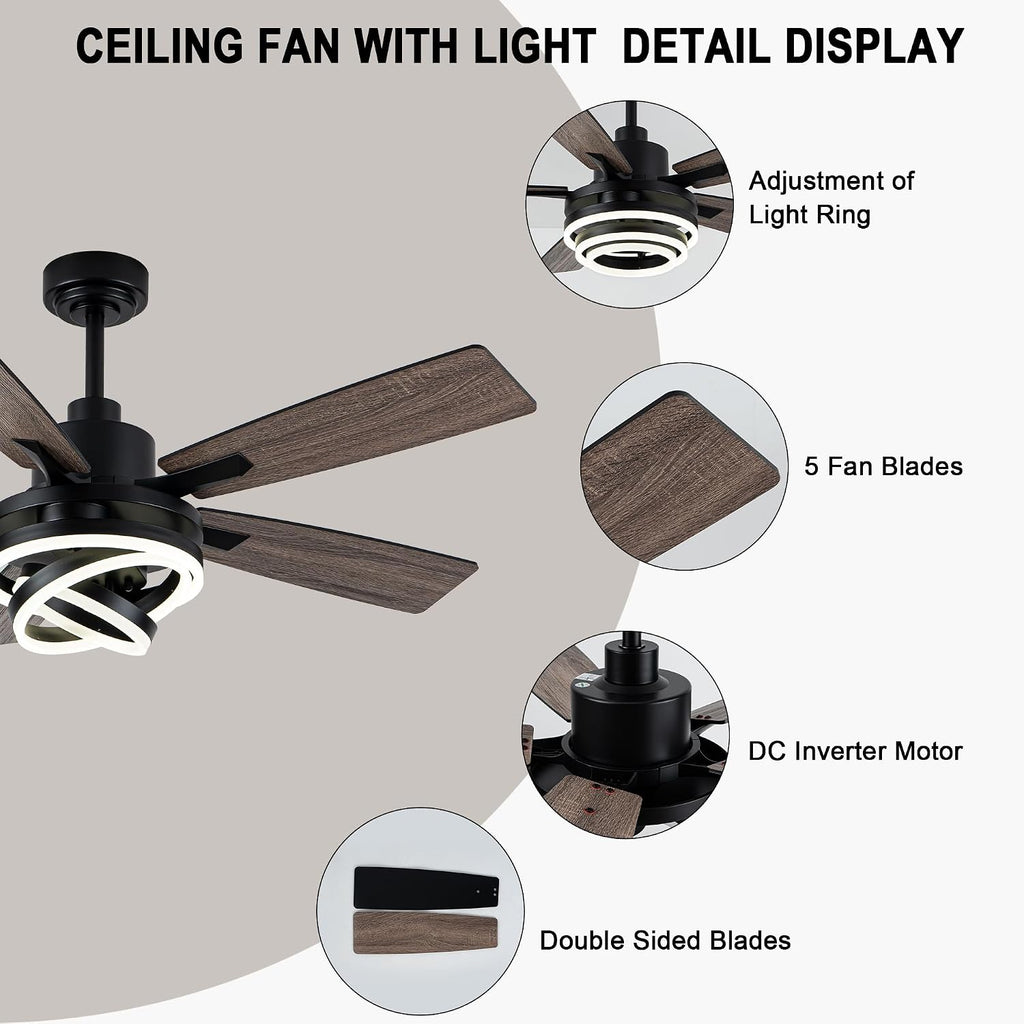 52 Inch Chandelier Ceiling Fans with Lights Remote Control,6 Wind Speeds,3 Lighting Colors Optional,DC Motor,DIY Rings LED,Farmhouse Ceiling Fan for Living Room/Dining Room/Bedroom/Kitchen