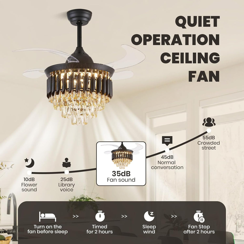 36 Inch Luxury Crystal Ceiling Fan with Light, Dimmable Ceiling Fans with Lights and Remote, Luxury Retractable Chandelier Fan for Living Room Dinning Room Kitchen