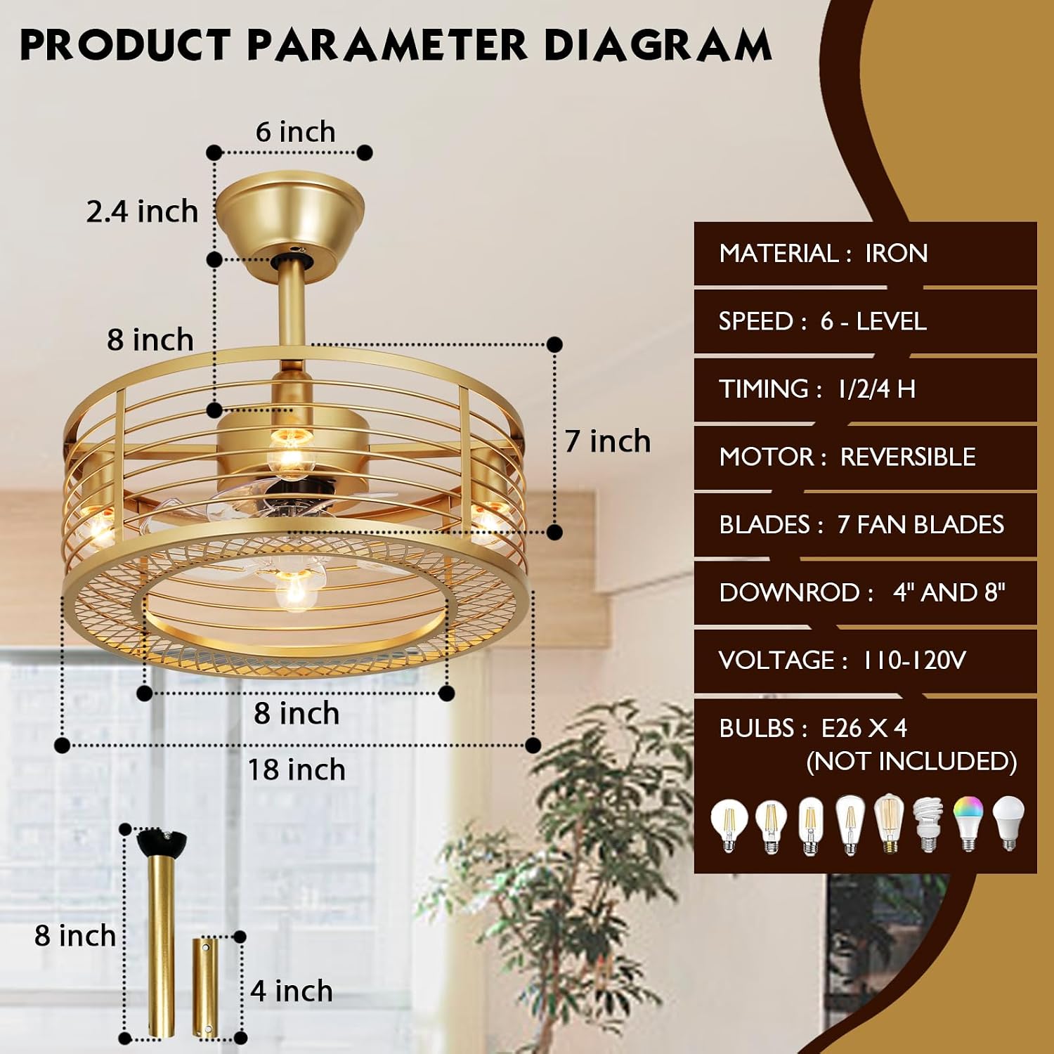 Caged Ceiling Fan with Light, Gold Fandelier Ceiling Fan and Remote Control - Reversible Motor, 6-Speed Wind, 18 Inch for Bedroom and Kitchen