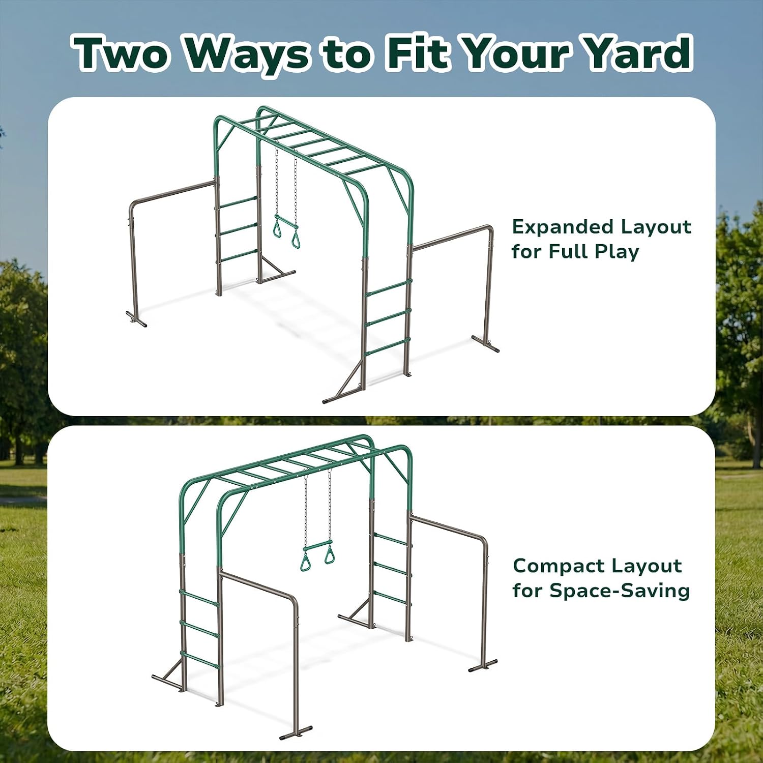 Hapfan Monkey Bars with Gymnastics Bars and Trapeze Swing, 400lbs Heavy Duty Metal Monkey Bar Set for Backyard, Weather-Resistant 3-in-1Outdoor Playset, Space-Smart Design