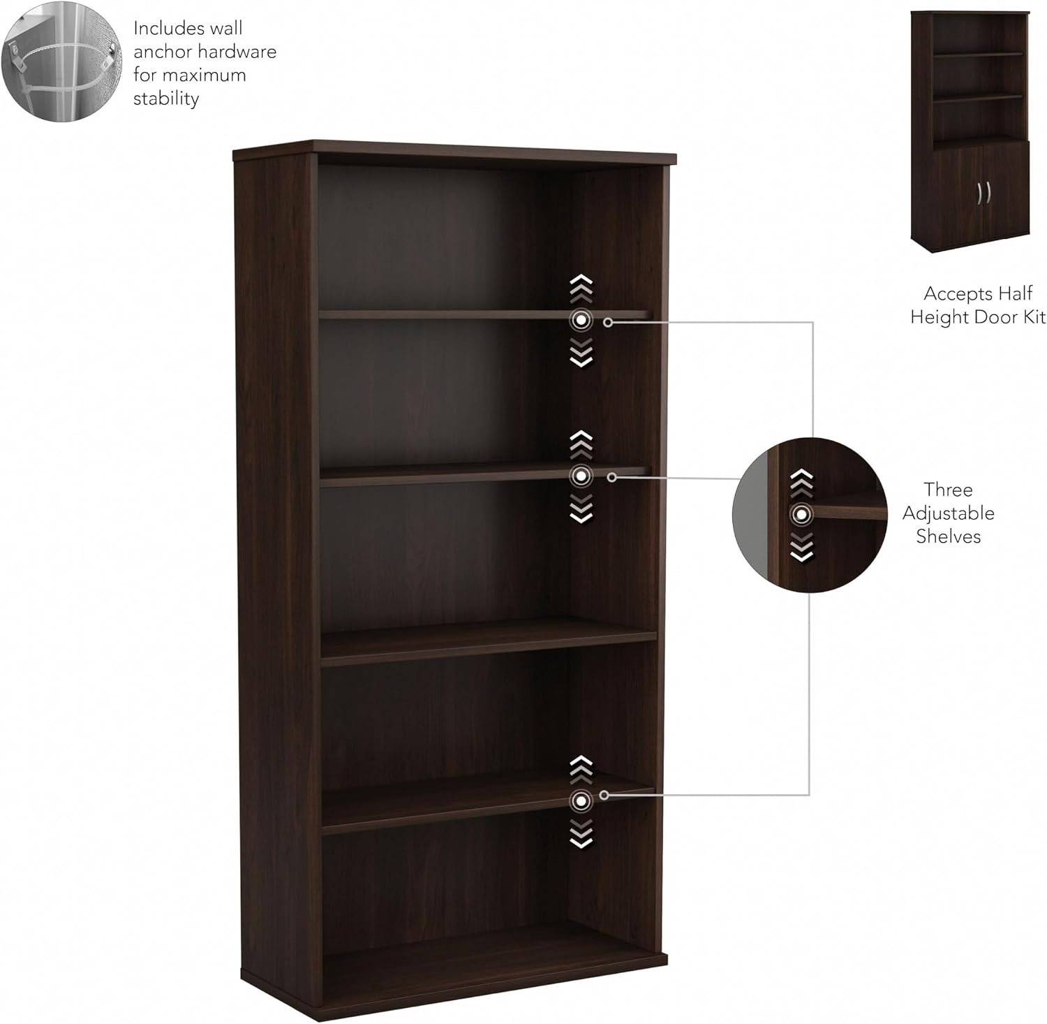 Bush Business Furniture Studio C Tall 5 Shelf Bookcase in Black Walnut, Large Bookshelf for Home or Professional Workplace Organization