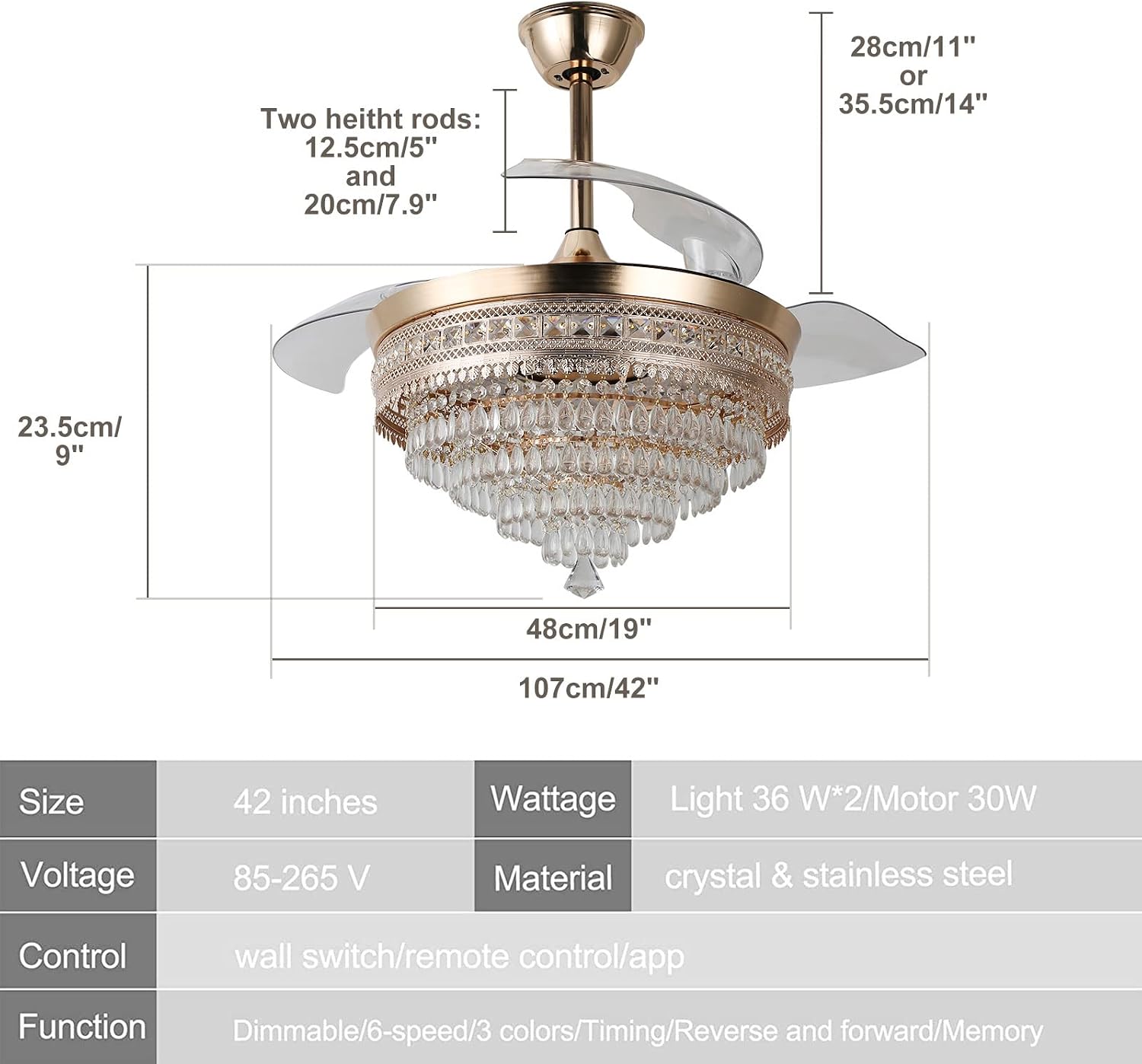 42' Gold Dimmable LED Fandelier with Light Modern LED Crystal Ceiling Fan with Light Invisible Fandeliers 3 in 1 Color with Memory Function