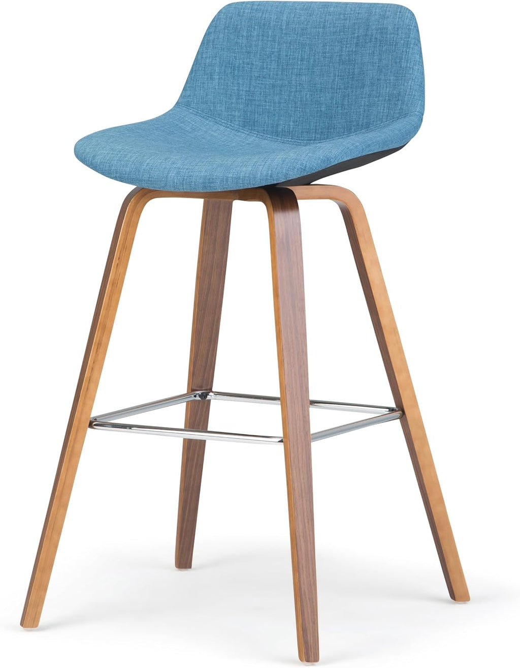 SIMPLIHOME Randolph Counter Stools (Set of 2) - 28 Inch Seat Height Upholstered Bentwood Bar Stools in Medium Blue Linen Look Fabric, Mid Century Modern Seating with Curved Backrest and Footrest