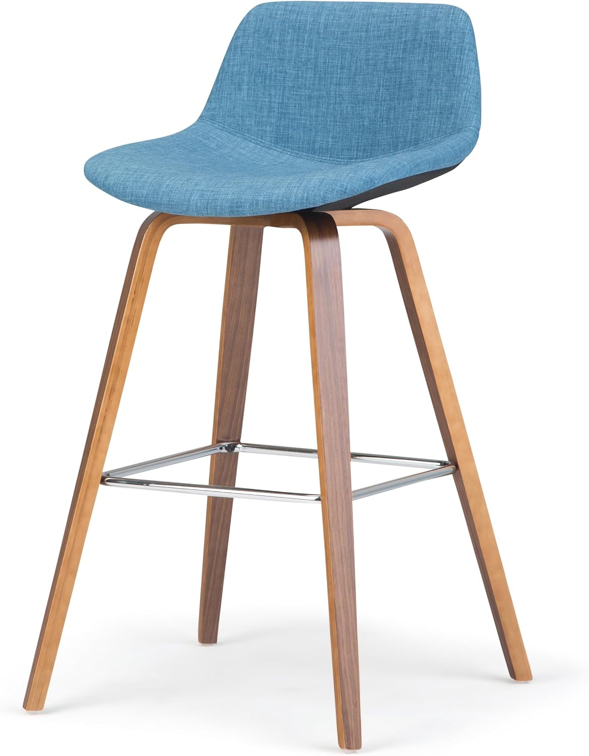 SIMPLIHOME Randolph Counter Stools (Set of 2) - 28 Inch Seat Height Upholstered Bentwood Bar Stools in Medium Blue Linen Look Fabric, Mid Century Modern Seating with Curved Backrest and Footrest