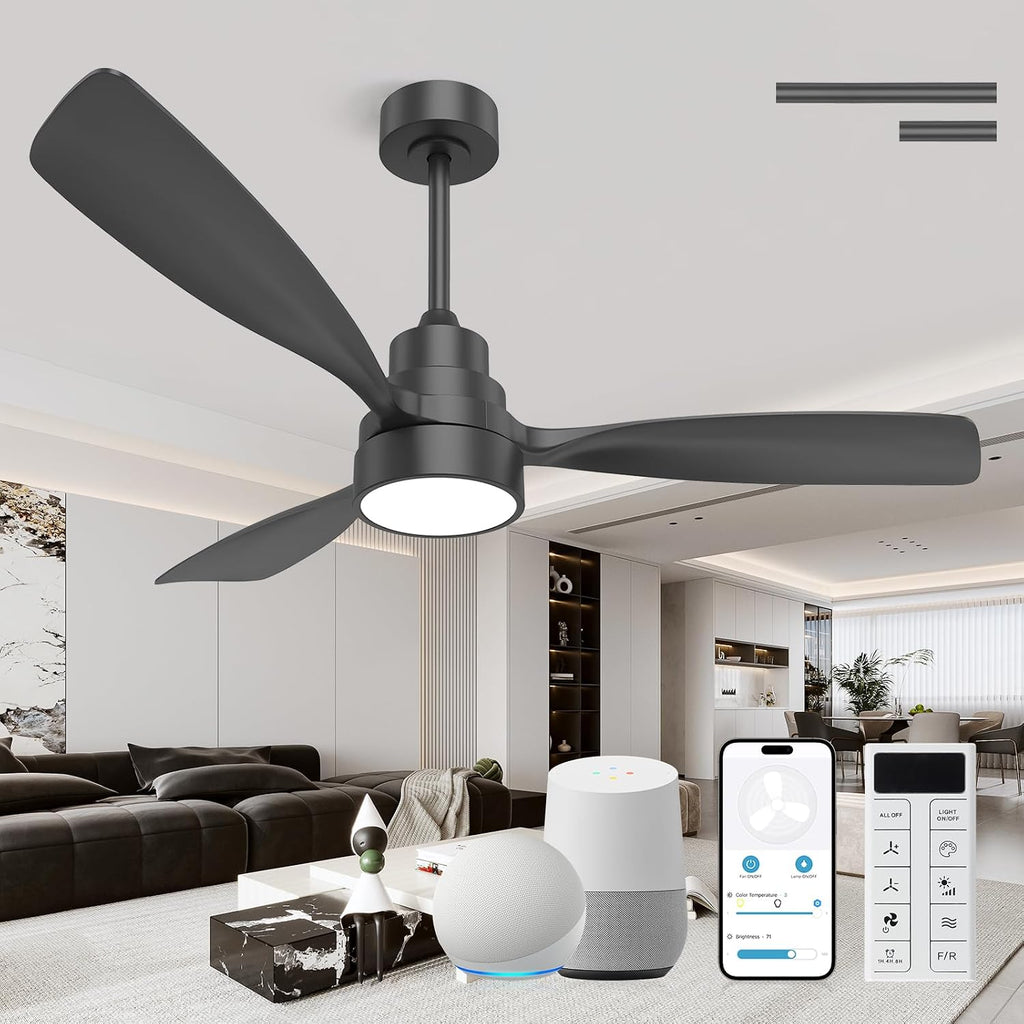 CACI Mall 48 inch Smart Ceiling Fans with Lights, Black, Low Profile, Modern, 3 Blades, Solid Wood, Remote Control, Work with Alexa/Google, Outdoor Indoor Ceiling Fans for Patio Living Room Bedroom