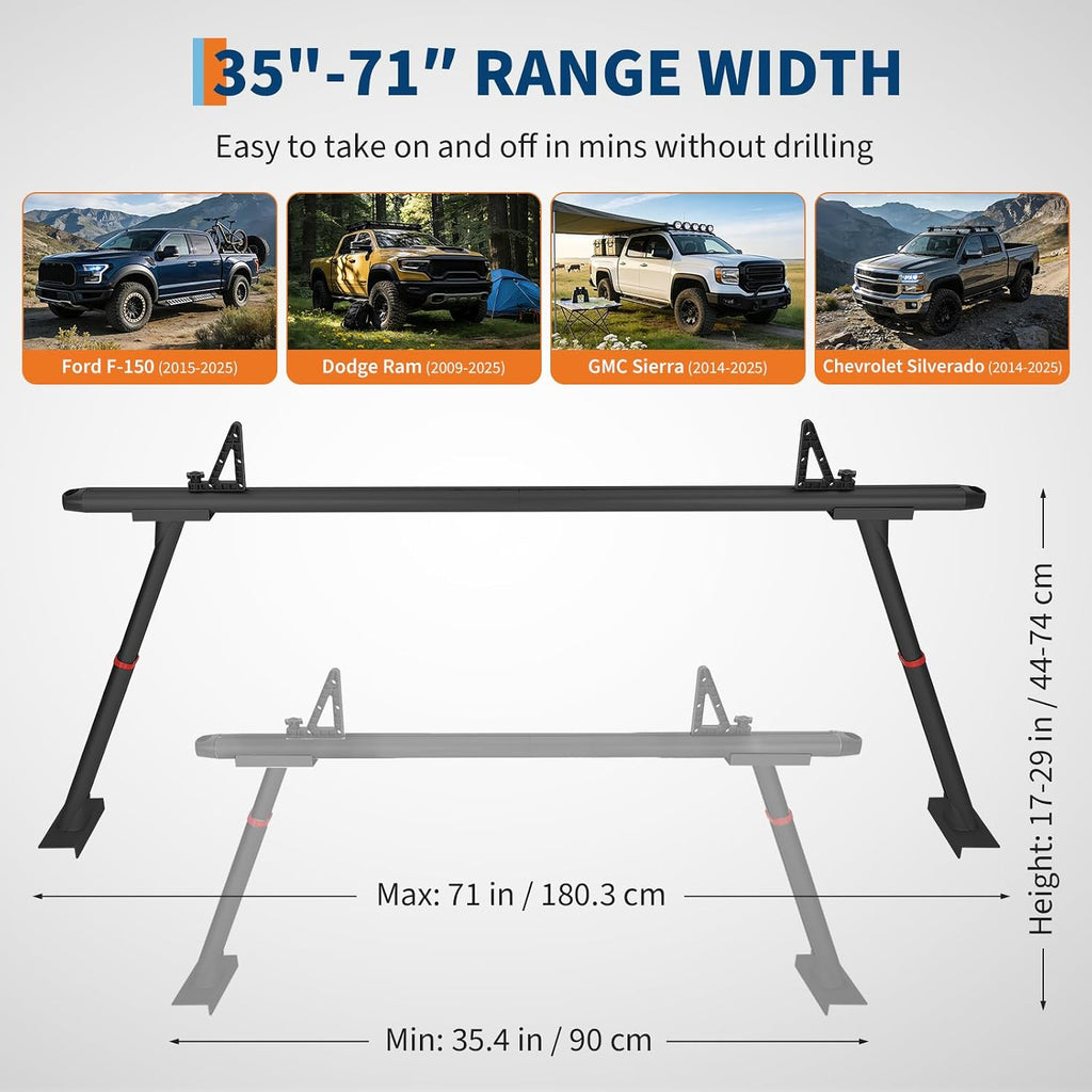 Adjustable Aluminum Pickup Ladder Rack 35.4–71', 800 lb Heavy-Duty Two-Bar Truck Bed Rack with No-Drill C-Clamp Mount, Utility Hauler for Kayaks, Lumber, Surfboards & Ladders - Black