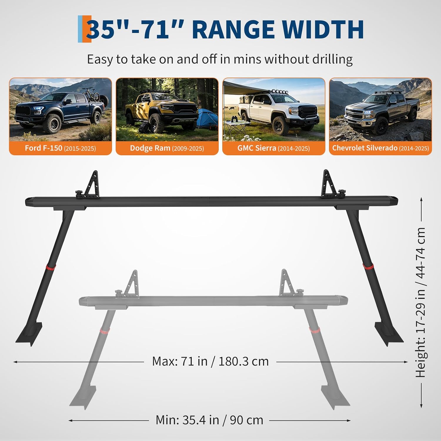 Adjustable Aluminum Pickup Ladder Rack 35.4–71', 800 lb Heavy-Duty Two-Bar Truck Bed Rack with No-Drill C-Clamp Mount, Utility Hauler for Kayaks, Lumber, Surfboards & Ladders - Black