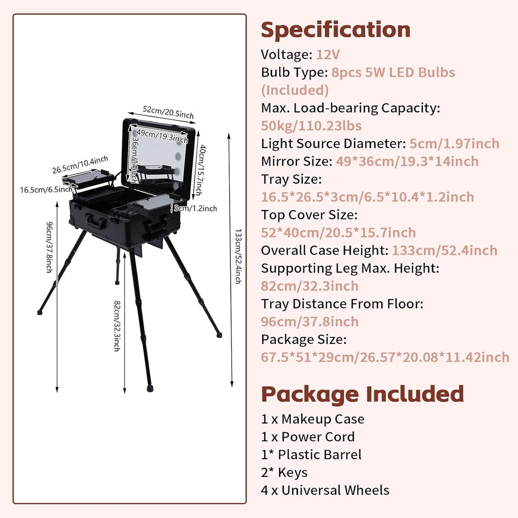 Make-Up Case, Cosmetic Train Table with 4 Rolling Wheels & Lights & Mirror, Pro Make-Up Station, Cover Panel and Easy-to-Clean Extendable Trays, Adjustable Legs, Robust (Black)