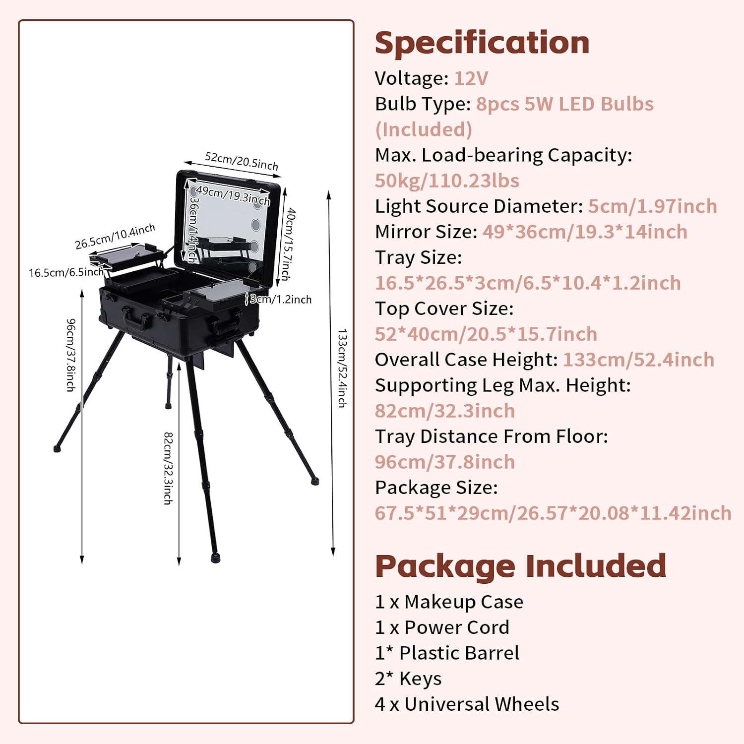 Make-Up Case, Cosmetic Train Table with 4 Rolling Wheels & Lights & Mirror, Pro Make-Up Station, Cover Panel and Easy-to-Clean Extendable Trays, Adjustable Legs, Robust (Black)