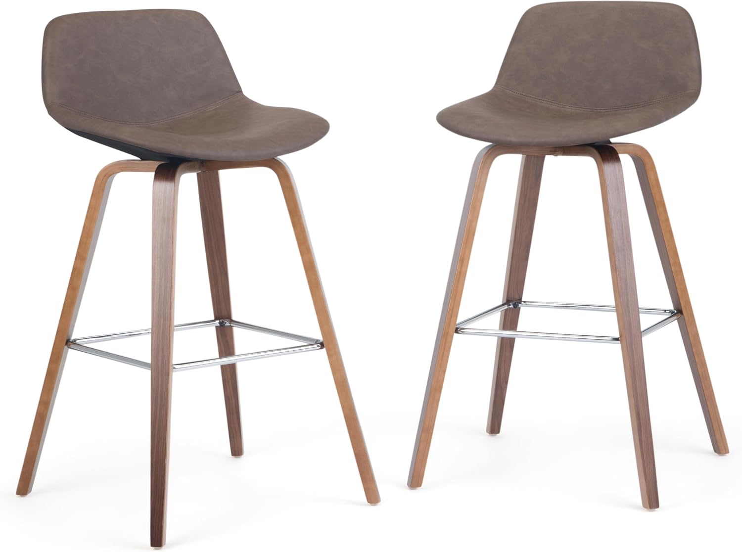 SIMPLIHOME Randolph Counter Stools (Set of 2) - 28 Inch Seat Height Upholstered Bentwood Kitchen Seats in Distressed Chocolate Brown Vegan Faux Leather, Mid Century Modern Seating with Chrome Footrest