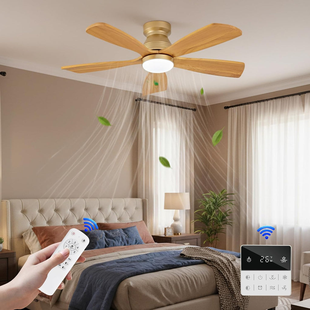 42 Inch Flush Mount Ceiling Fans with Lights and Remote, Dimmable, 5 Blades Wood Ceiling Fan with Light, Low Profile Outdoor Indoor Modern Ceiling Fan for Bedroom Patio (Gold)
