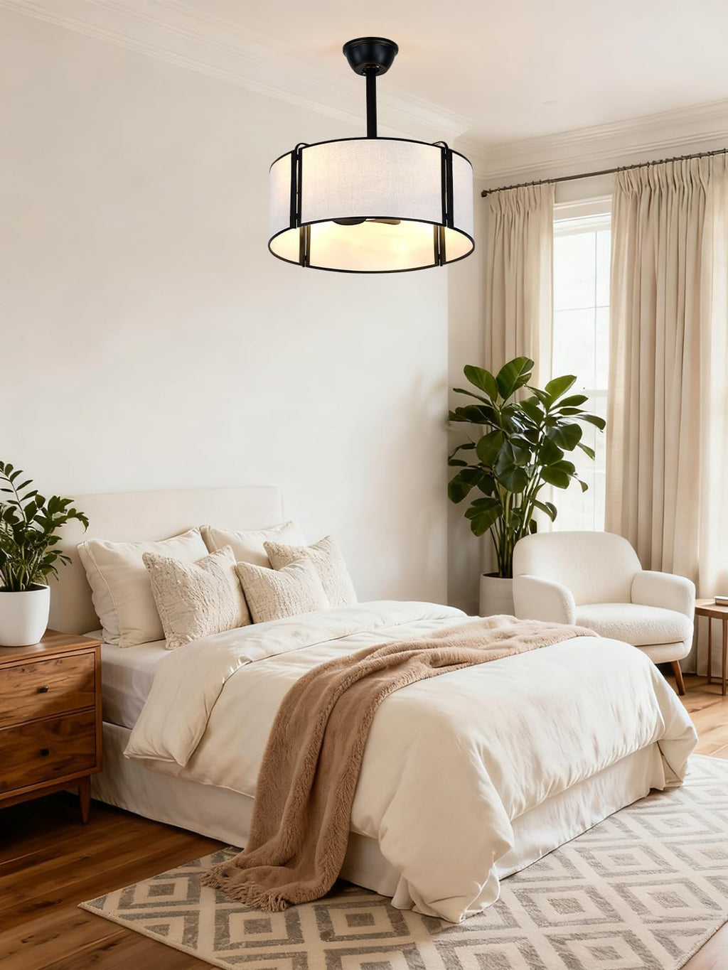 20'' Caged Ceiling Fans with Lights, Fabric Fandelier Ceiling Fan with Light, Boho Farmhouse Style, 6 Speeds for Bedroom, Nursery, Living Room