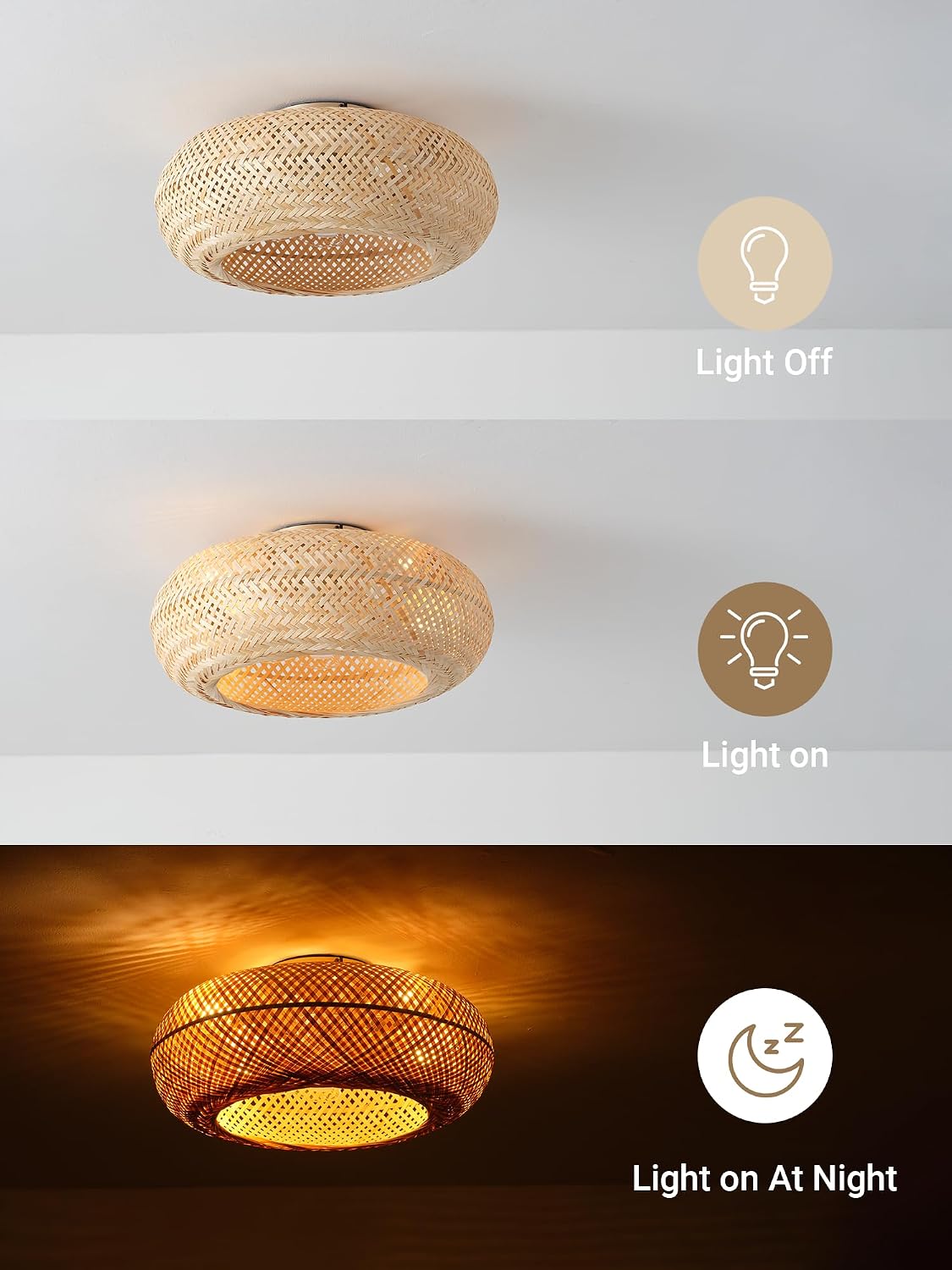 20in Boho Ceiling Fans with Lights,Rattan Caged Low Profile Ceiling Fan with Light,6 Speeds Timer Reversible DC Motor for Living Room Bedroom Dining Room