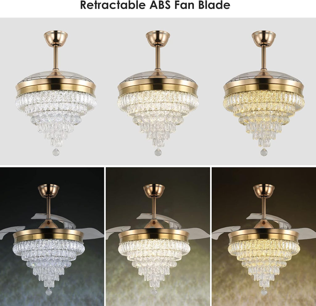 42'' Gold Crystal Fandelier Ceiling Fan with Lights, Dimmable LED Chandelier Fan, Retractable Blades, Remote & APP Control, 6-Speed Reversible, Flush Mount for Bedroom Living Room Dining Room
