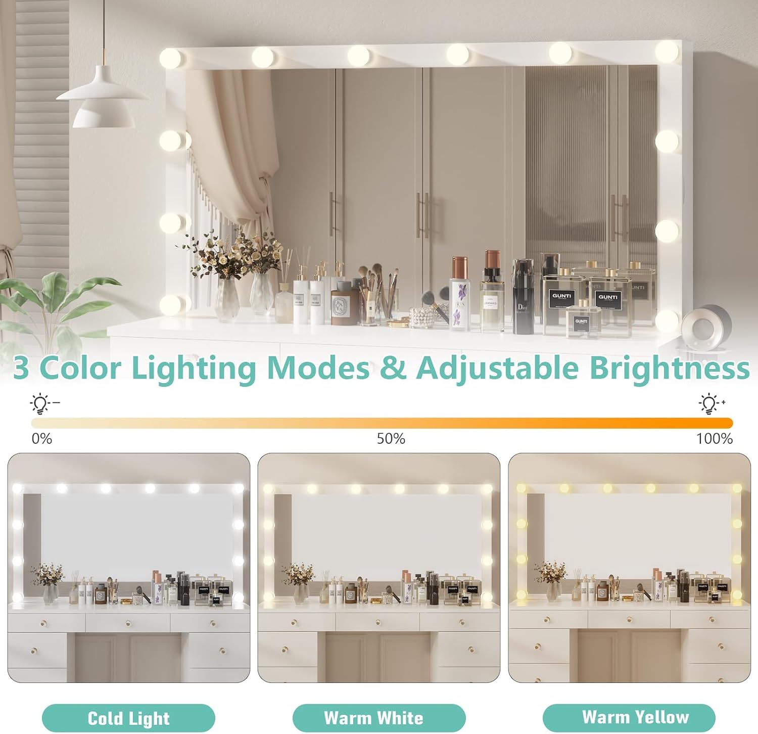 Likein Vanity Desk with Mirror and Lights, White Vanity with Jewelry Storage Cabinet, Makeup Dressing Table with 11 Drawers, Charging Station, Crystal Knobs, 3 Color Lighting Modes for Women, Girls