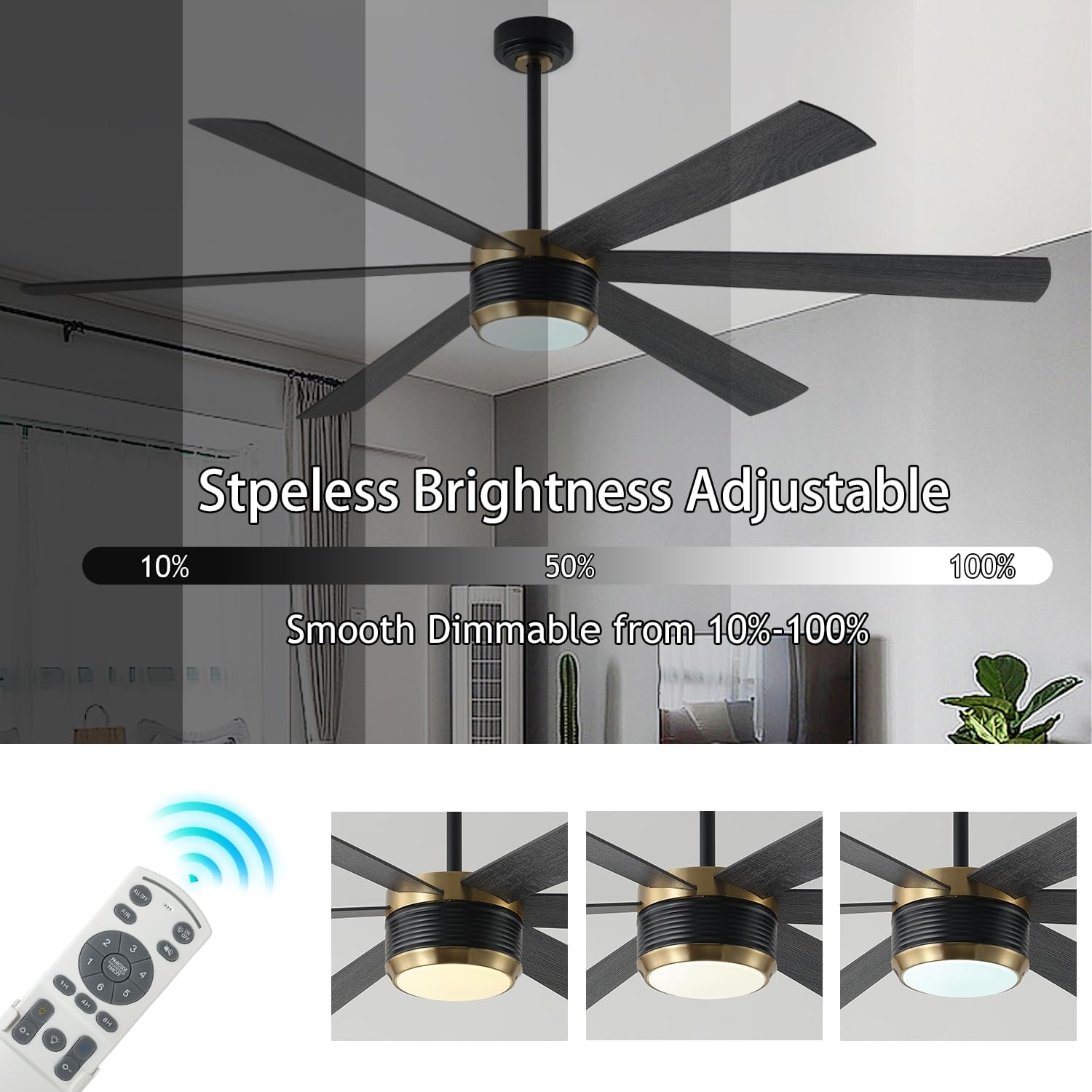 SHOWDI Ceiling Fans with Lights and Remote, Black-Gold 72 in | 2 Blade Color, Metal Material, App Remote Control, Timer, Reversible, 3CCT, Dimmable for Bedroom, Living room, Indoor