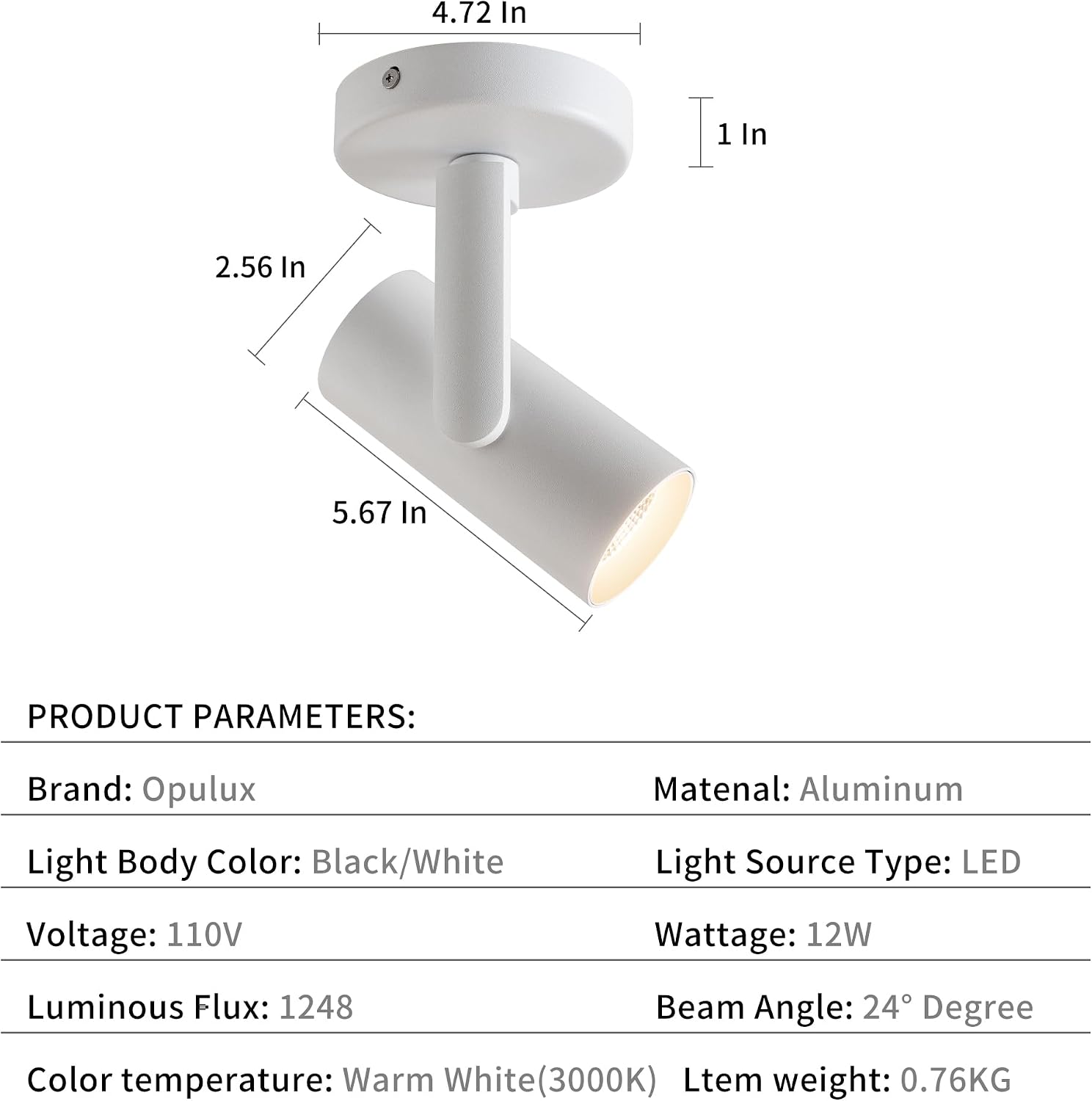 4 Packs 12W LED Dimmable Ceiling Spotlight Indoor – 24° Focused Beam, Monopoint Accent Lighting for Artwork, Wall Wash, Corridor – Adjustable Surface Mounted Spot Light
