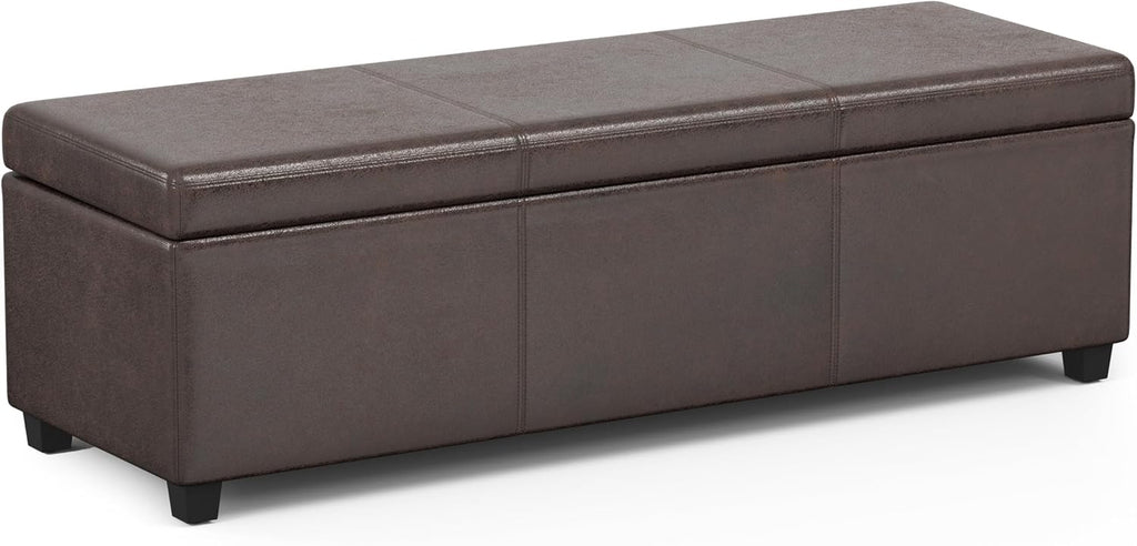 SIMPLIHOME Avalon Extra Large Storage Ottoman Bench - 54 inch Wide Upholstered Vegan Leather Rectangular Lift-Top Ottoman in Distressed Brown, Contemporary Bench for Living Room with Hidden Storage