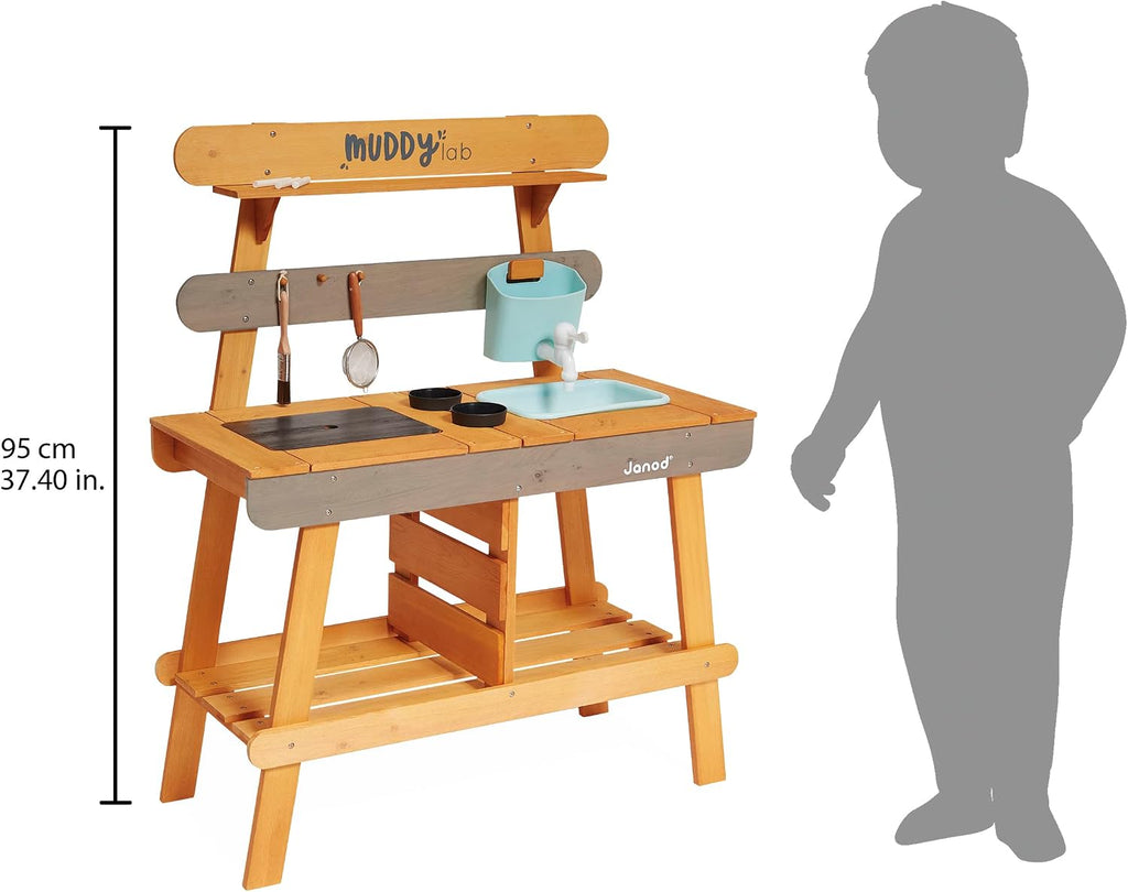 Janod Muddy Lab - Outdoor Sensory Activity Station with Water Play - 37.5' High - Includes 10 Accessories - Ages 3-8 Years - J06632
