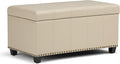 SIMPLIHOME Amelia Storage Ottoman - 33 inch Wide Vegan Leather Rectangle Storage Ottoman Bench in Satin Cream, Transitional Ottoman for Living Room with Nailhead Trim and Lift-Up Lid