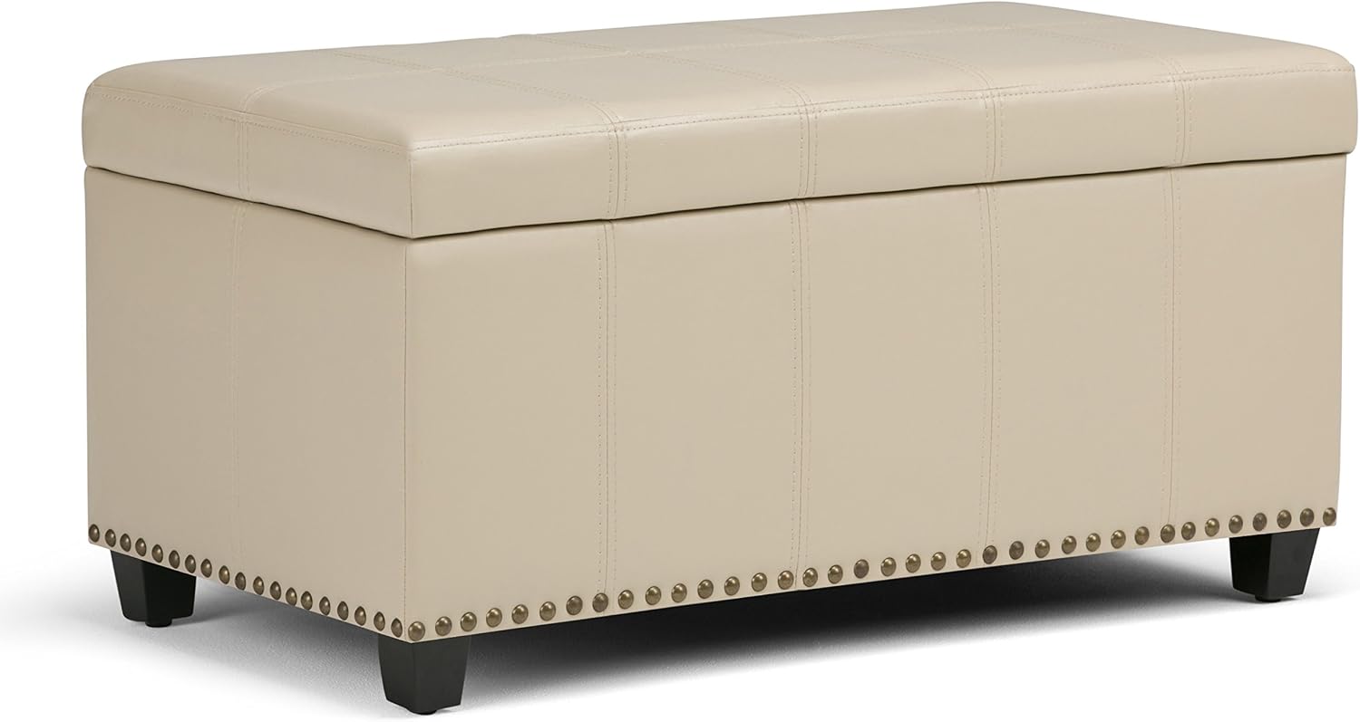SIMPLIHOME Amelia Storage Ottoman - 33 inch Wide Vegan Leather Rectangle Storage Ottoman Bench in Satin Cream, Transitional Ottoman for Living Room with Nailhead Trim and Lift-Up Lid